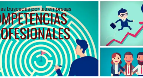 Un laberinto con la frase "Competencias Profesionales" y personas celebrando el éxito laboral, mostrando sus **habilidades en el trabajo**.
