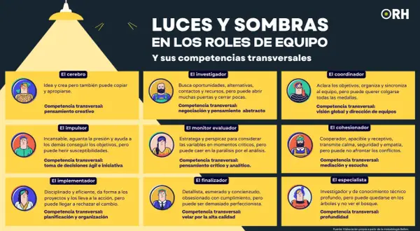 Ilustración sobre roles equipo de trabajo y sus competencias. Muestra 9 perfiles: cerebro, impulsor, implementador, investigador, monitor evaluador, finalizador, coordinador, cohesionador y especialista.