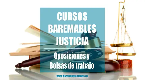 Cursos baremables justicia, oposiciones y bolsas de trabajo. Universidad Antonio Nebrija. Martillo de juez, balanza y libros.