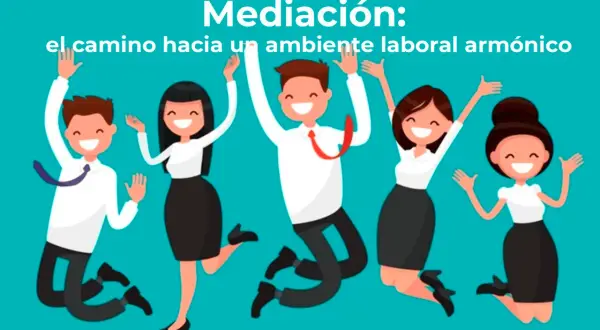 Cinco personas saltan de alegría, celebrando un ambiente laboral armónico. Las **técnicas de mediación** son clave para lograrlo.
