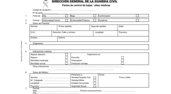 Formulario oficial de la Guardia Civil para partes de bajas y altas médicas. Incluye campos para datos del paciente, diagnóstico y tratamiento, como un justificante médico privado.