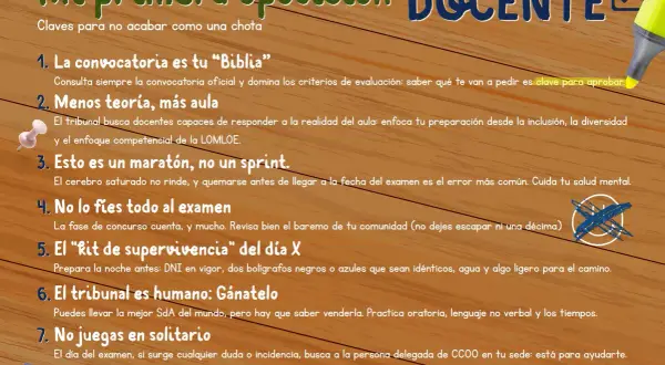 Claves para superar las oposiciones de maestros: la convocatoria es tu guía, enfócate en el aula, cuida tu salud mental y no te fíes solo del examen.