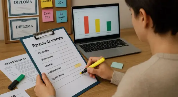Persona revisa un baremo de méritos con formación, experiencia e idiomas, buscando el significado de cada punto para su currículum.