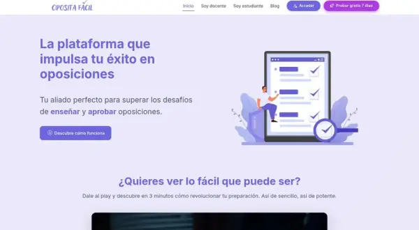 Plataforma web para oposiciones, con un diseño moderno y una ilustración que muestra el éxito en la preparación. ¡Tu aliado para aprobar!