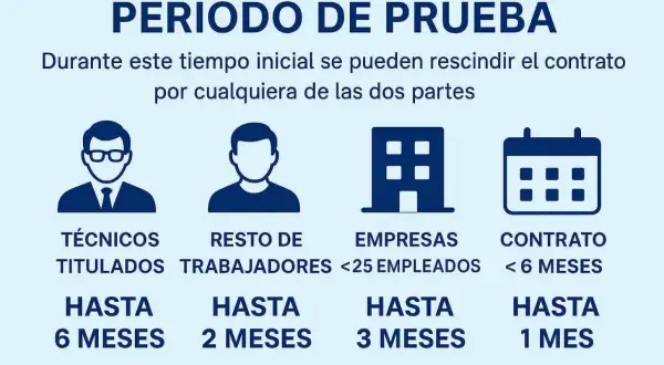 El periodo de prueba de un contrato indefinido varía: técnicos hasta 6 meses, resto de trabajadores 2 meses, empresas <25 empleados 3 meses, y contratos <6 meses 1 mes.