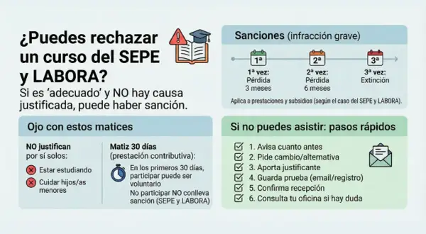 Información sobre rechazar cursos SEPE/LABORA. Detalla sanciones por infracción grave y pasos si no puedes asistir. El significado acreditado de la norma es claro: hay consecuencias.