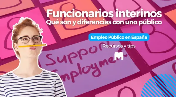 Mujer pensativa con un lápiz en la boca, rodeada de notas adhesivas con siluetas de personas. El texto explica qué es un interino en el empleo público.