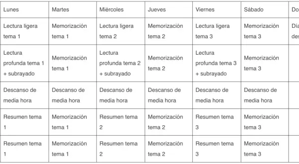 Esquema oposiciones: horario semanal de estudio con lectura, memorización y resúmenes de temas, incluyendo descansos.
