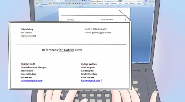 Documento de Word con referencias para Gabriel Grey, incluyendo contactos de Rosielyn Smith y Dr. Kara Watson.