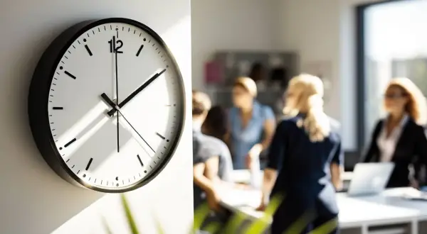 Reloj de pared blanco y negro marca las horas estructurales de una reunión de oficina.