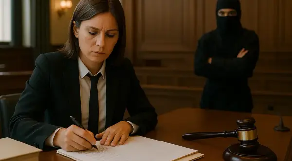 Una mujer con traje firma documentos en un juzgado, mientras una figura encapuchada observa. Así como este examen de tramitación procesal, la justicia requiere atención.
