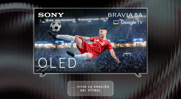 Televisor Sony Bravia 8A OLED muestra un futbolista en acción. Las mejores pantallas para vivir la emoción del fútbol, según opiniones.