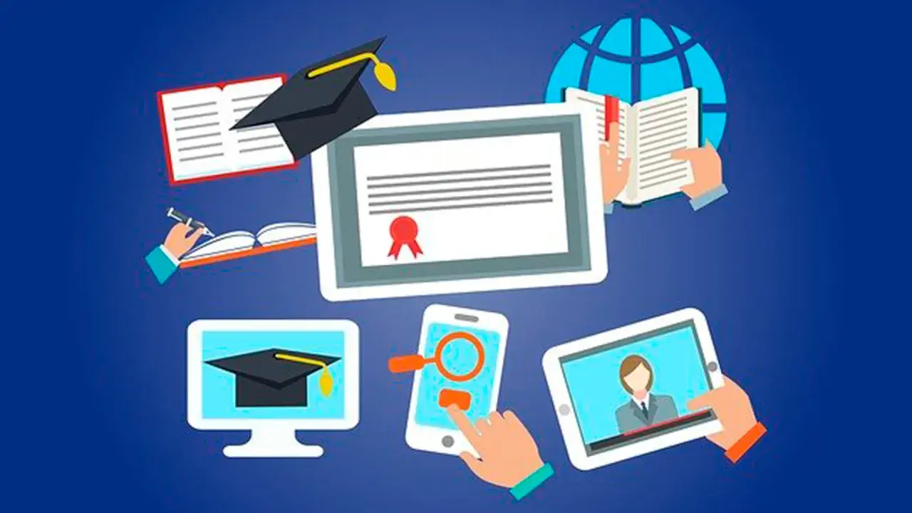 Ilustración de educación online: diploma, libros, globo terráqueo, móvil y tablet.