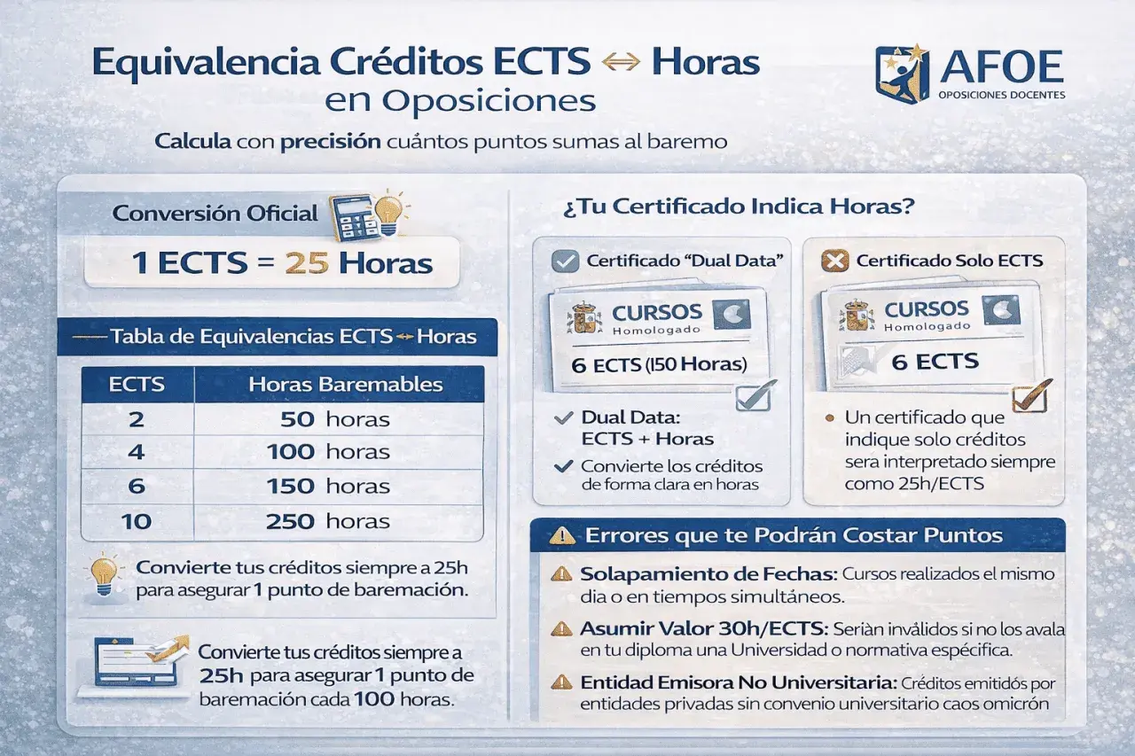 Infografía sobre cuántas horas de cursos para oposiciones secundaria equivalen a créditos ECTS. 1 ECTS son 25 horas.