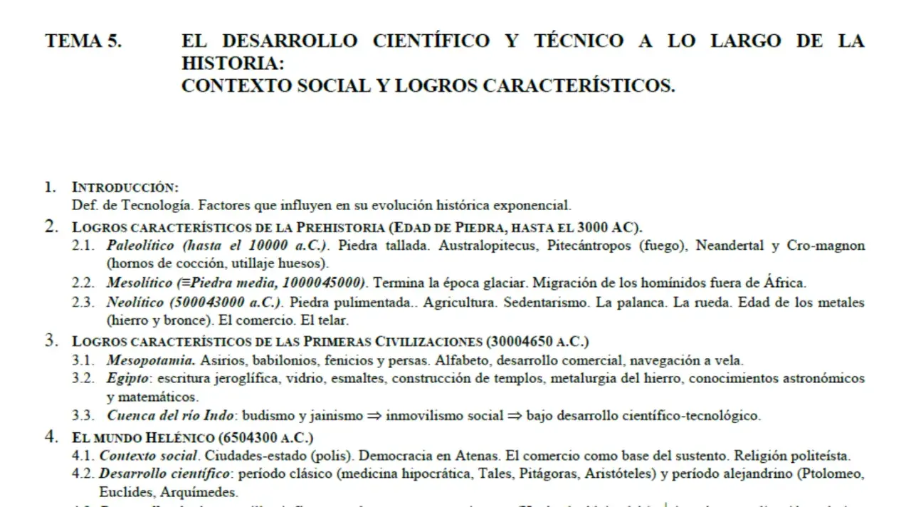 Temario de tecnología: evolución histórica, prehistoria, primeras civilizaciones y mundo helénico.