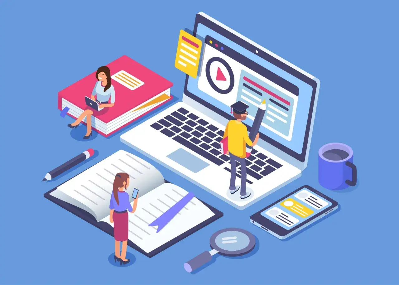 Personas aprendiendo en línea, leyendo libros y usando dispositivos. ¡Descubre cursos eficientes y lee opiniones para elegir el mejor!