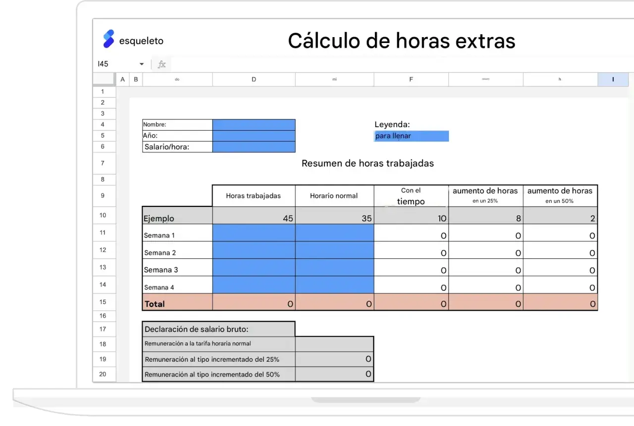 Hoja de cálculo "Cálculo de horas extras" muestra un resumen de horas trabajadas, incluyendo un ejemplo donde las horas extras cotizan con diferentes porcentajes de aumento.