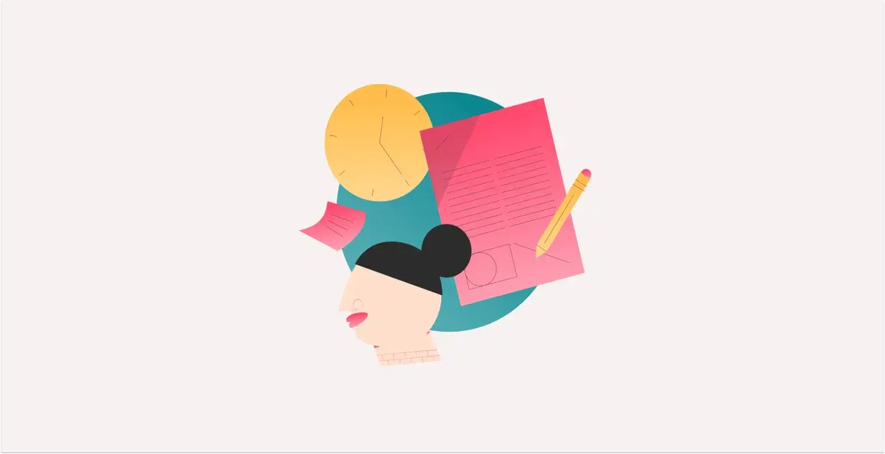 Cabeza de mujer con notas, reloj y lápiz, simbolizando la transformación del tiempo completo en indefinido.