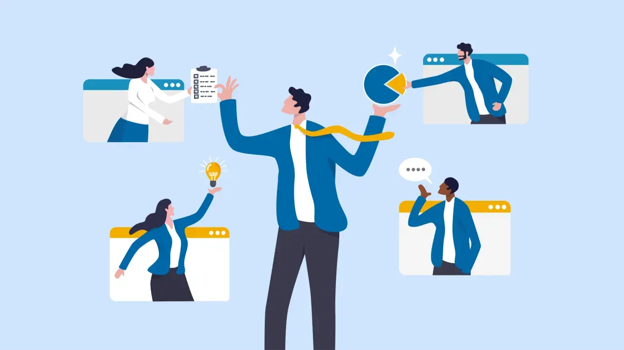 Ilustración sobre outsourcing que es: equipo colaborando remotamente en ideas, tareas y gráficos.