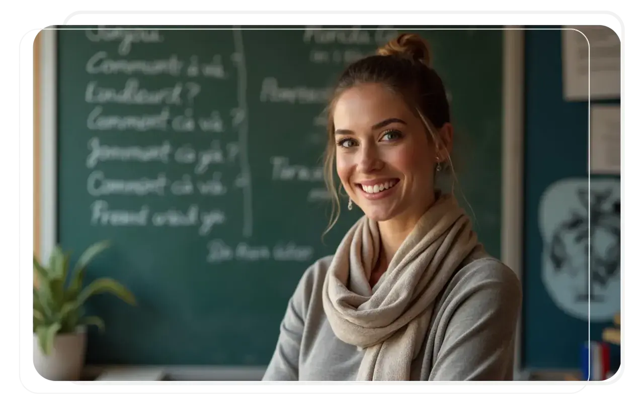 Sonrisa de una profesora de francés, lista para las oposiciones de secundaria. En la pizarra, frases en francés como "Comment ça va?".