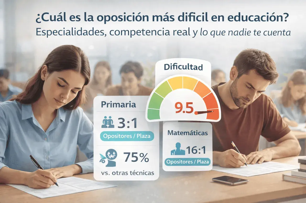 Estudiantes analizan datos sobre la dificultad de oposiciones en educación, con opiniones de formaedu. Primaria 3:1, Matemáticas 16:1.