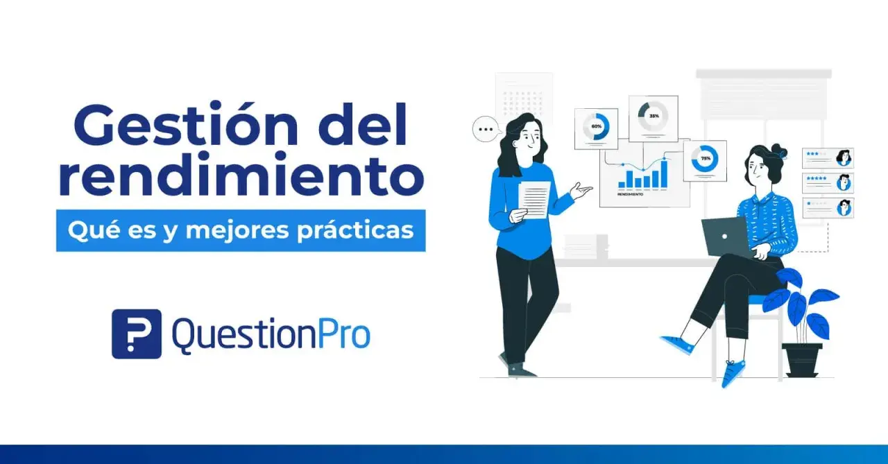 Ilustración sobre gestión del rendimiento, con gráficos y personas analizando datos.