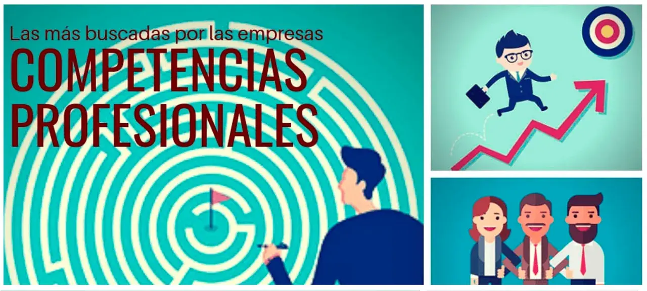Un laberinto con la frase "Competencias Profesionales" y personas celebrando el éxito laboral, mostrando sus **habilidades en el trabajo**.