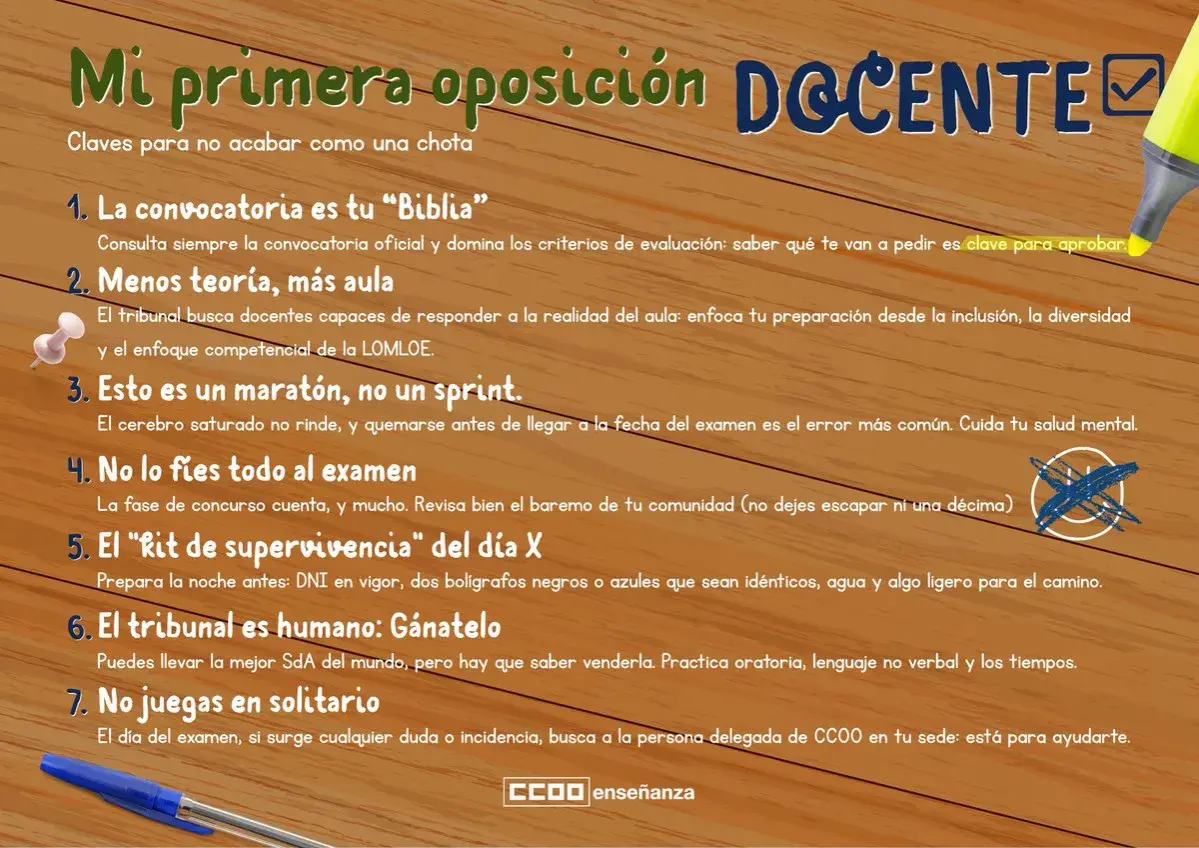 Claves para superar las oposiciones de maestros: la convocatoria es tu guía, enfócate en el aula, cuida tu salud mental y no te fíes solo del examen.