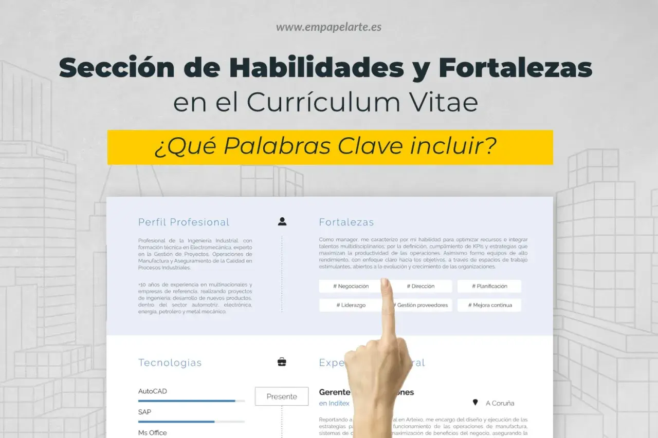 Ejemplos de cualidades y fortalezas para CV: negociación, dirección, planificación, liderazgo, gestión de proveedores y mejora continua.
