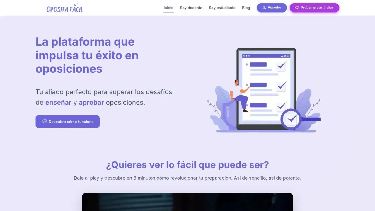 Plataforma web para oposiciones, con un diseño moderno y una ilustración que muestra el éxito en la preparación. ¡Tu aliado para aprobar!