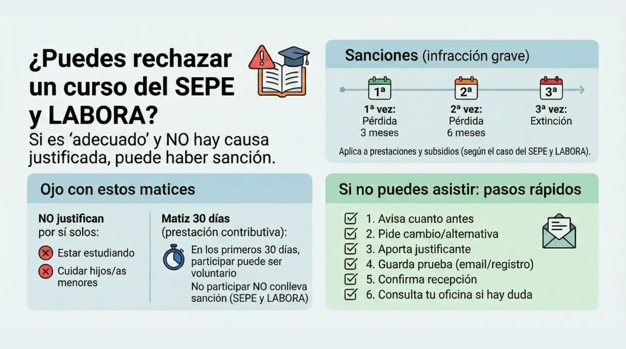 Información sobre rechazar cursos SEPE/LABORA. Detalla sanciones por infracción grave y pasos si no puedes asistir. El significado acreditado de la norma es claro: hay consecuencias.