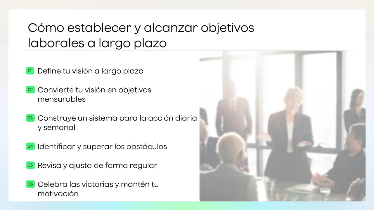 Guía para definir y alcanzar tus objetivos profesionales a largo plazo, con pasos claros y un equipo motivado.