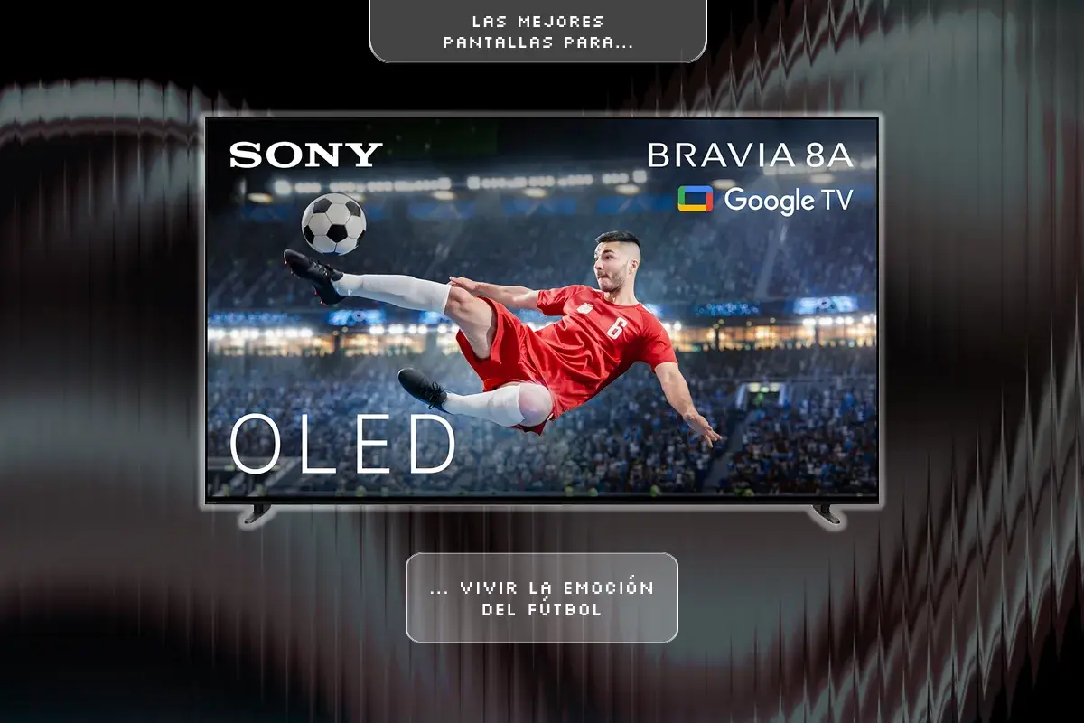 Televisor Sony Bravia 8A OLED muestra un futbolista en acción. Las mejores pantallas para vivir la emoción del fútbol, según opiniones.