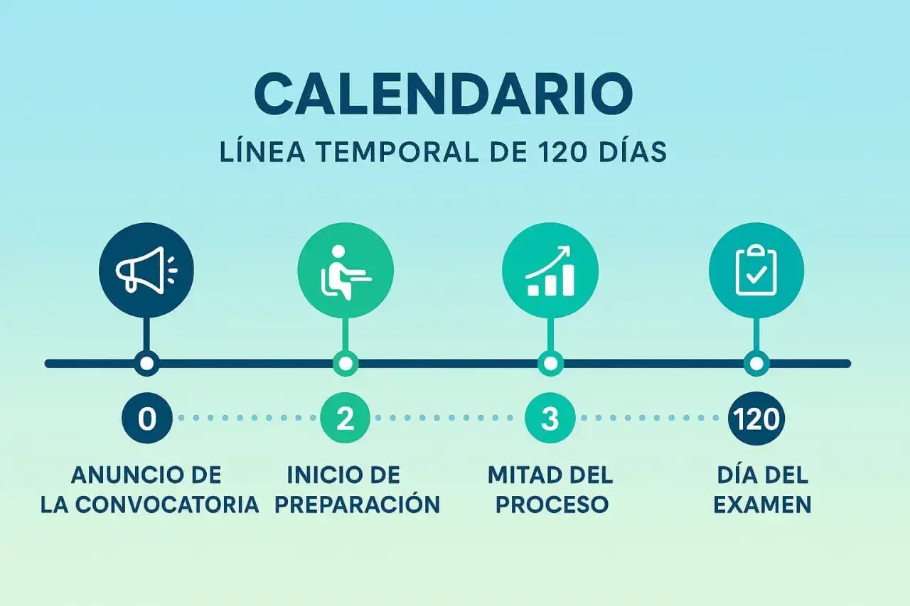 Calendario de 120 días para oposiciones: anuncio, inicio de preparación, mitad del proceso y día del examen.