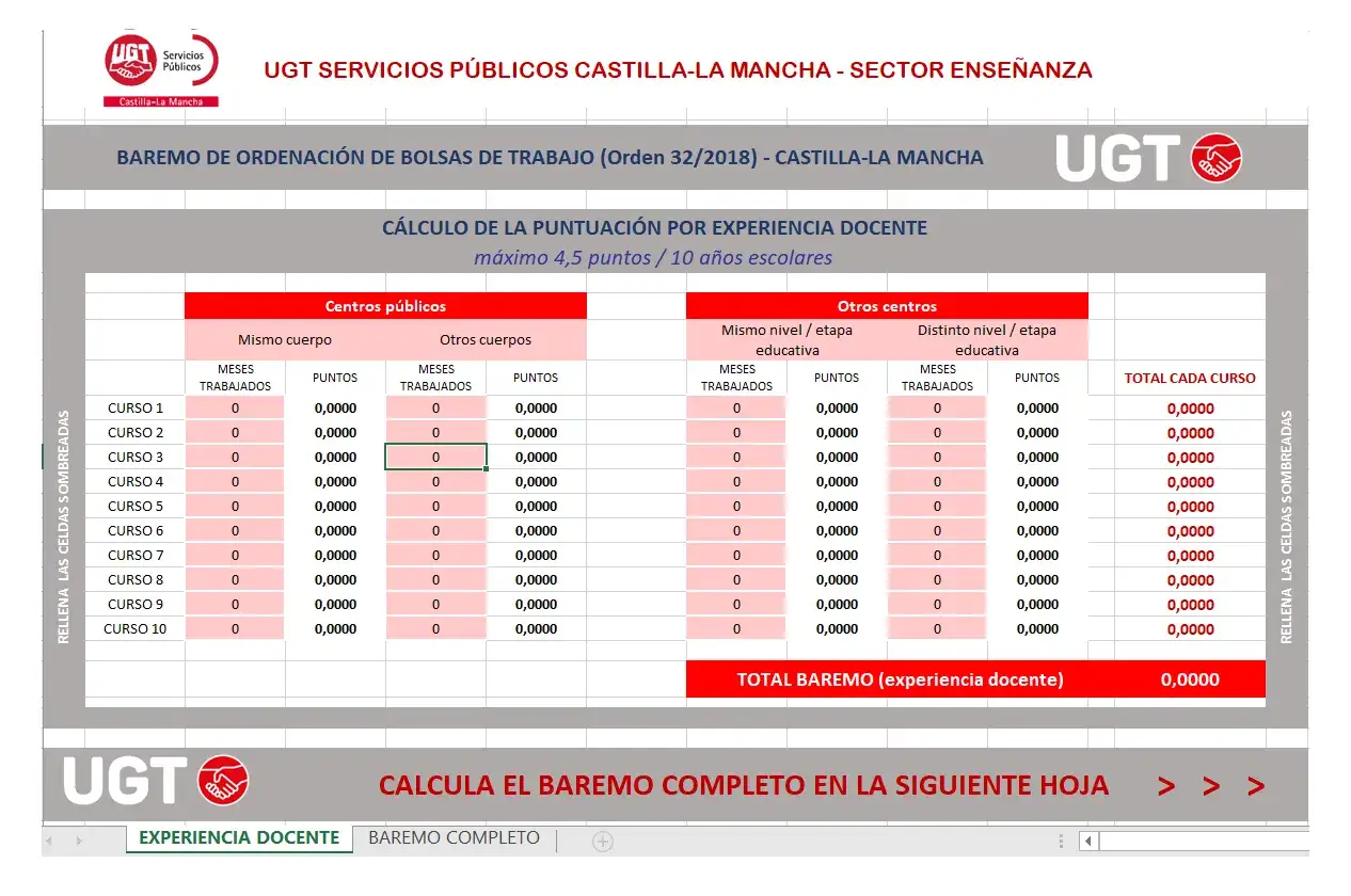 Tabla UGT para calcular méritos para oposiciones. Muestra puntuación por experiencia docente en centros públicos y otros centros.