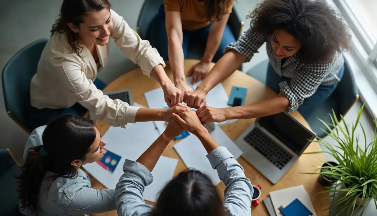 Equipo unido celebrando un logro, promoviendo el bienestar emocional en el trabajo.