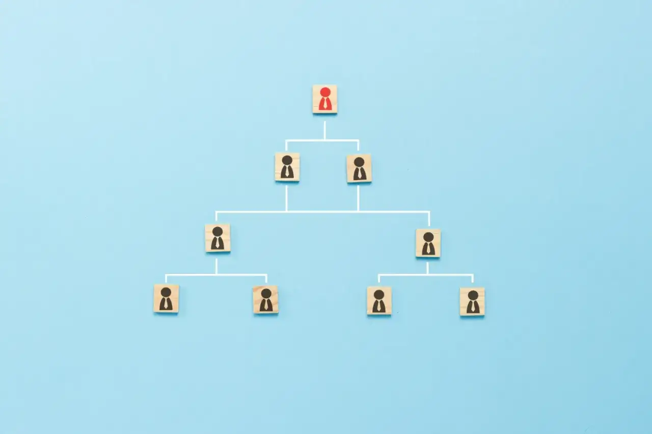 Diagrama de organigrama con un l&iacute;der rojo en la cima, mostrando la comunicaci&oacute;n vertical a trav&eacute;s de niveles de figuras humanas en cubos de madera.