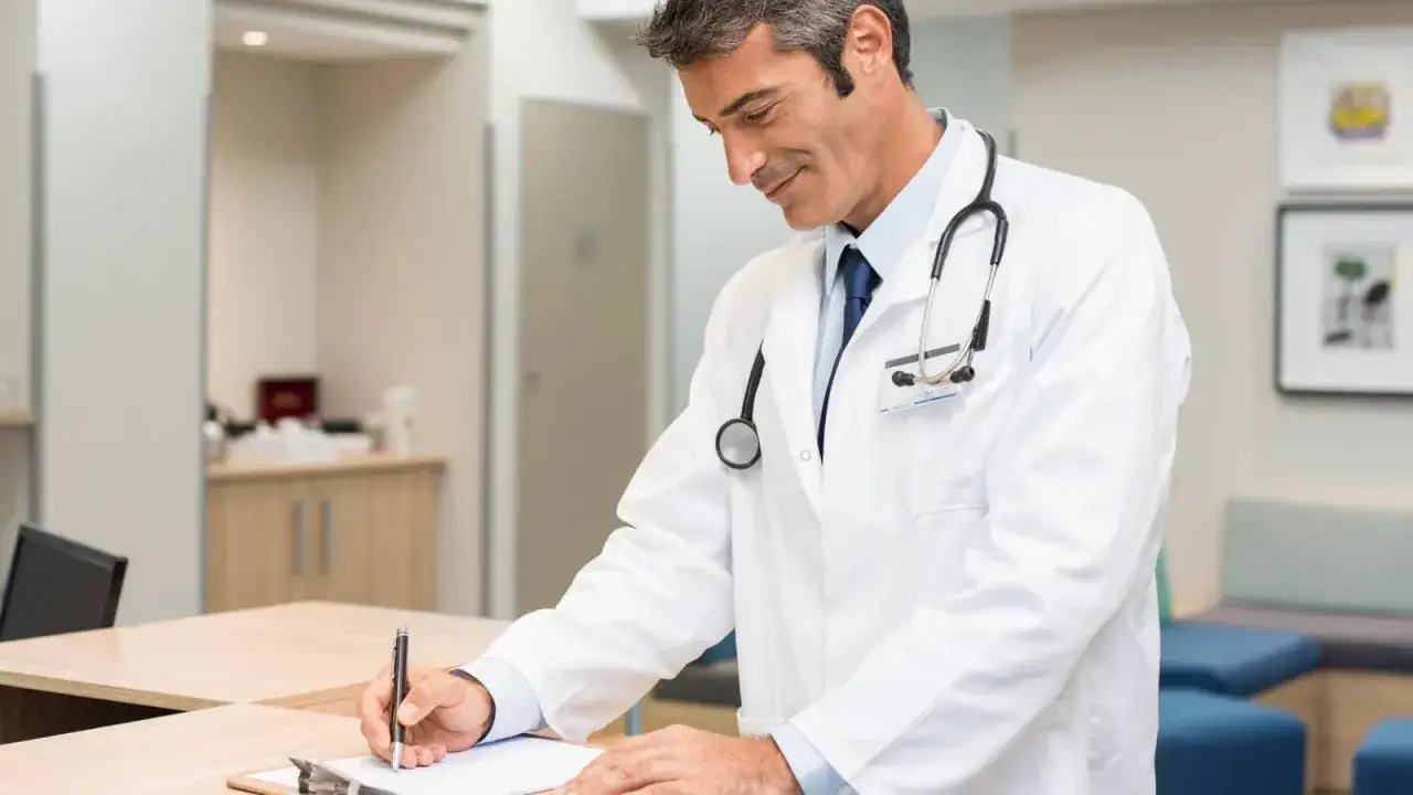 M&eacute;dico en un hospital, escribiendo un justificante m&eacute;dico de urgencias.