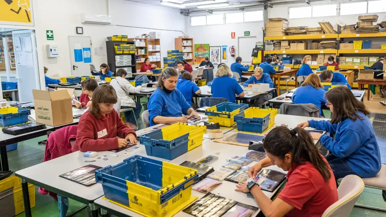 Personas trabajando en un taller, algunas con discapacidad del 65%, organizando material.