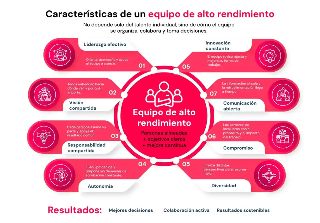 Diagrama de un equipo de alto rendimiento con sus caracter&iacute;sticas: liderazgo, visi&oacute;n, responsabilidad, autonom&iacute;a, innovaci&oacute;n, comunicaci&oacute;n, compromiso y diversidad. Clave para el performance management.