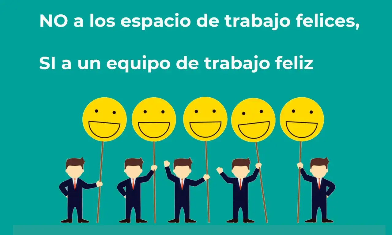 Cinco hombres con trajes sostienen carteles con caritas sonrientes. Las caracter&iacute;sticas de un buen l&iacute;der se reflejan en la creaci&oacute;n de un equipo feliz.