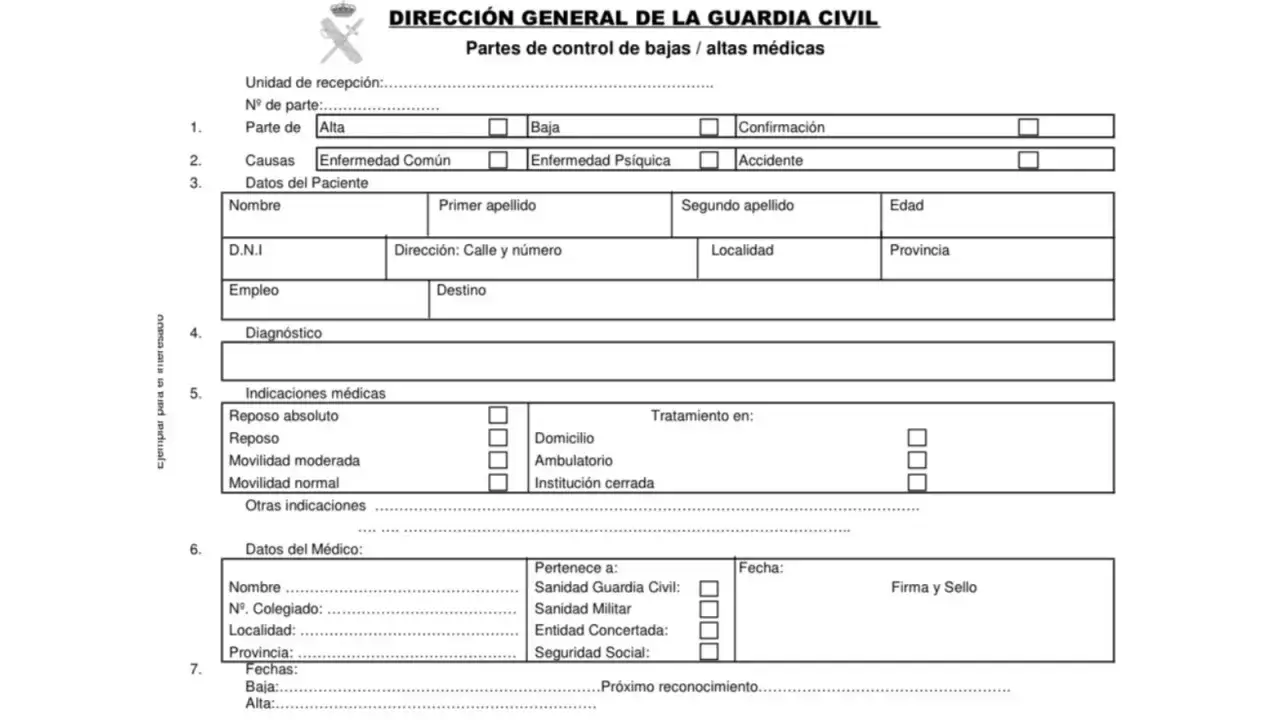 Formulario oficial de la Guardia Civil para partes de bajas y altas m&eacute;dicas. Incluye campos para datos del paciente, diagn&oacute;stico y tratamiento, como un justificante m&eacute;dico privado.