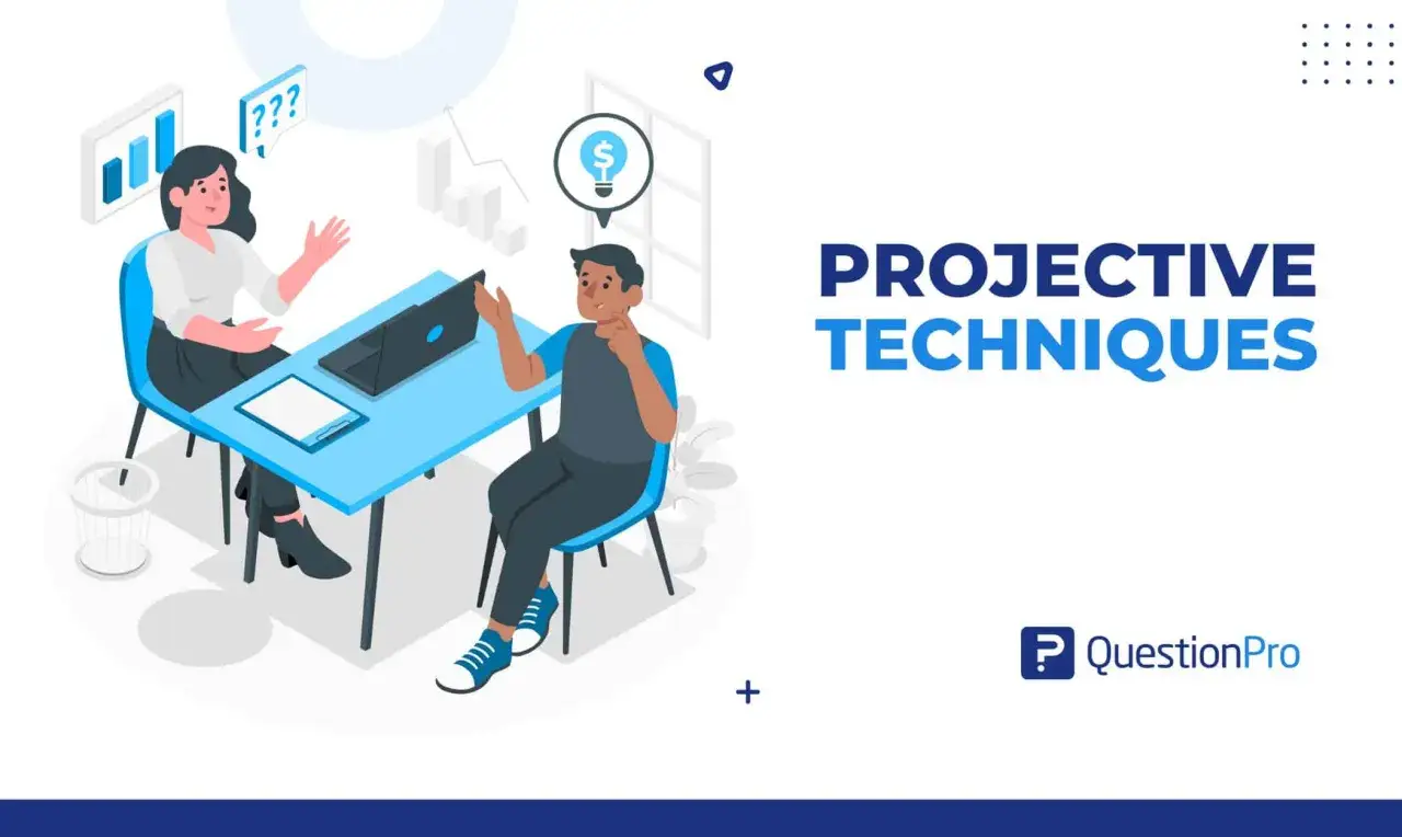 Dos personas discuten ideas en una oficina, usando técnicas proyectivas para resolver problemas.