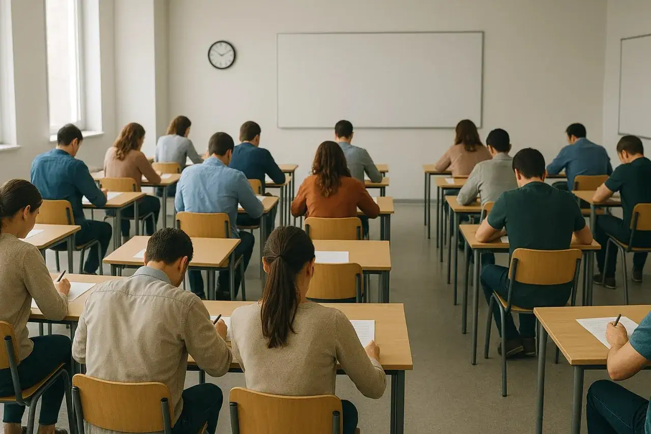 Estudiantes concentrados en un aula, escribiendo en sus ex&aacute;menes. As&iacute; es como se siente el examen de tramitaci&oacute;n procesal.