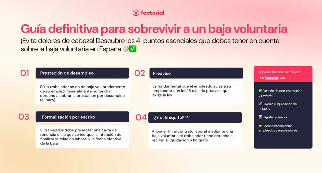 Gu&iacute;a sobre baja voluntaria: presta atenci&oacute;n a la prestaci&oacute;n por desempleo, preaviso, formalizaci&oacute;n y finiquito.