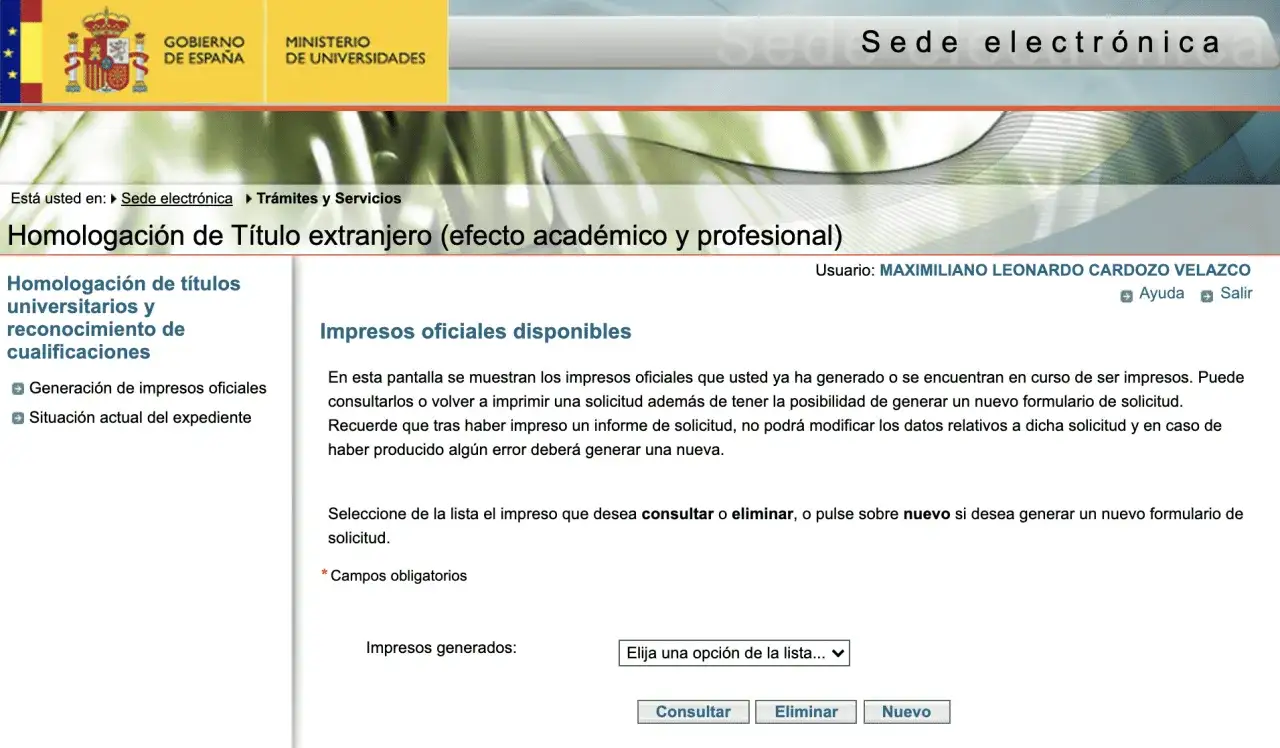 Página web para homologar un curso privado, con opciones para generar o consultar impresos oficiales de homologación de títulos universitarios.