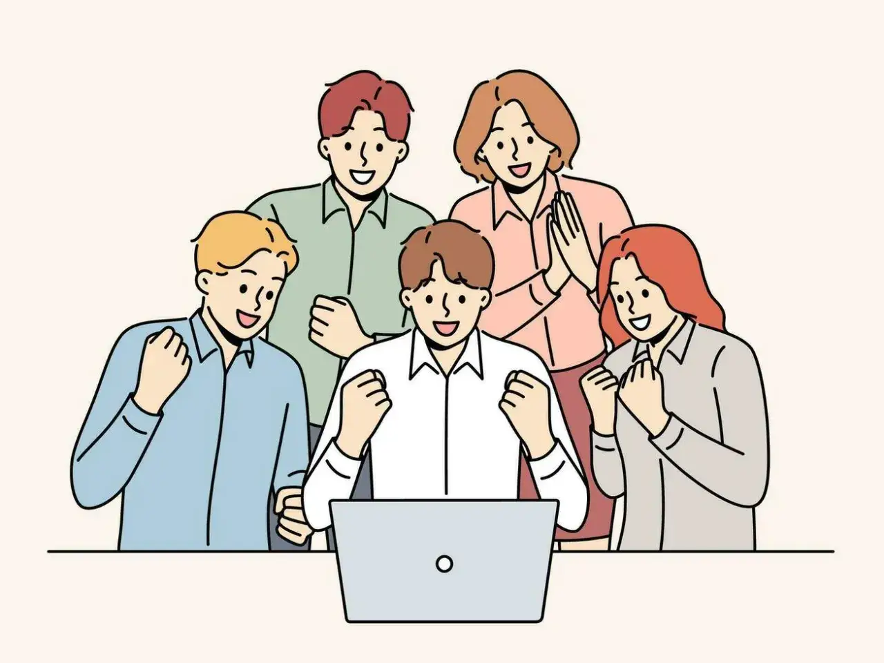 Equipo celebrando un logro con gran entusiasmo. Su actitud positiva en el trabajo es contagiosa.