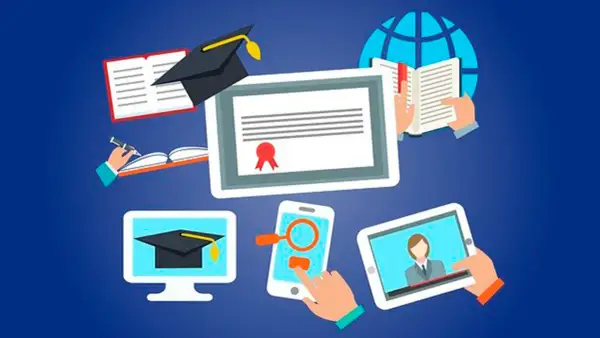Ilustración de educación online: diploma, libros, globo terráqueo, móvil y tablet.