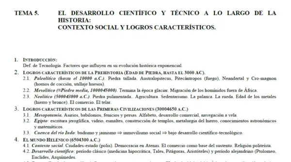 Temario de tecnología: evolución histórica, prehistoria, primeras civilizaciones y mundo helénico.
