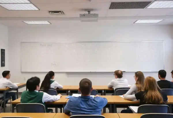 Estudiantes en clase de matemáticas, con ecuaciones en la pizarra. ¿Cuántas bolas se sacan en oposiciones de secundaria?